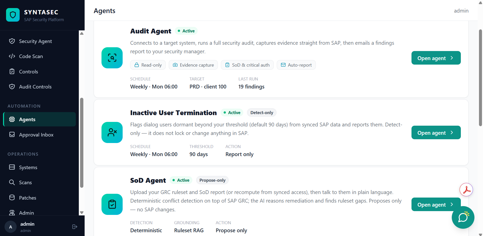 Syntasec agent workspace showing tiles for the audit, inactive user, role build, segregation of duties and access request agents, each with a last-run time and status.