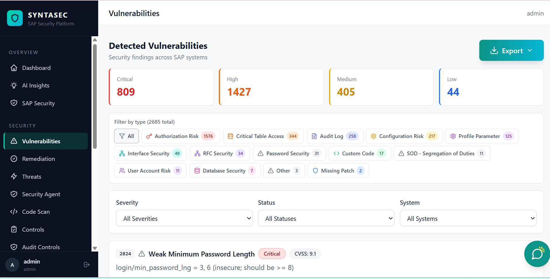 Vulnerability detail screen showing an SAP Note reference, affected system and client, severity, supporting evidence and approve or reject controls.