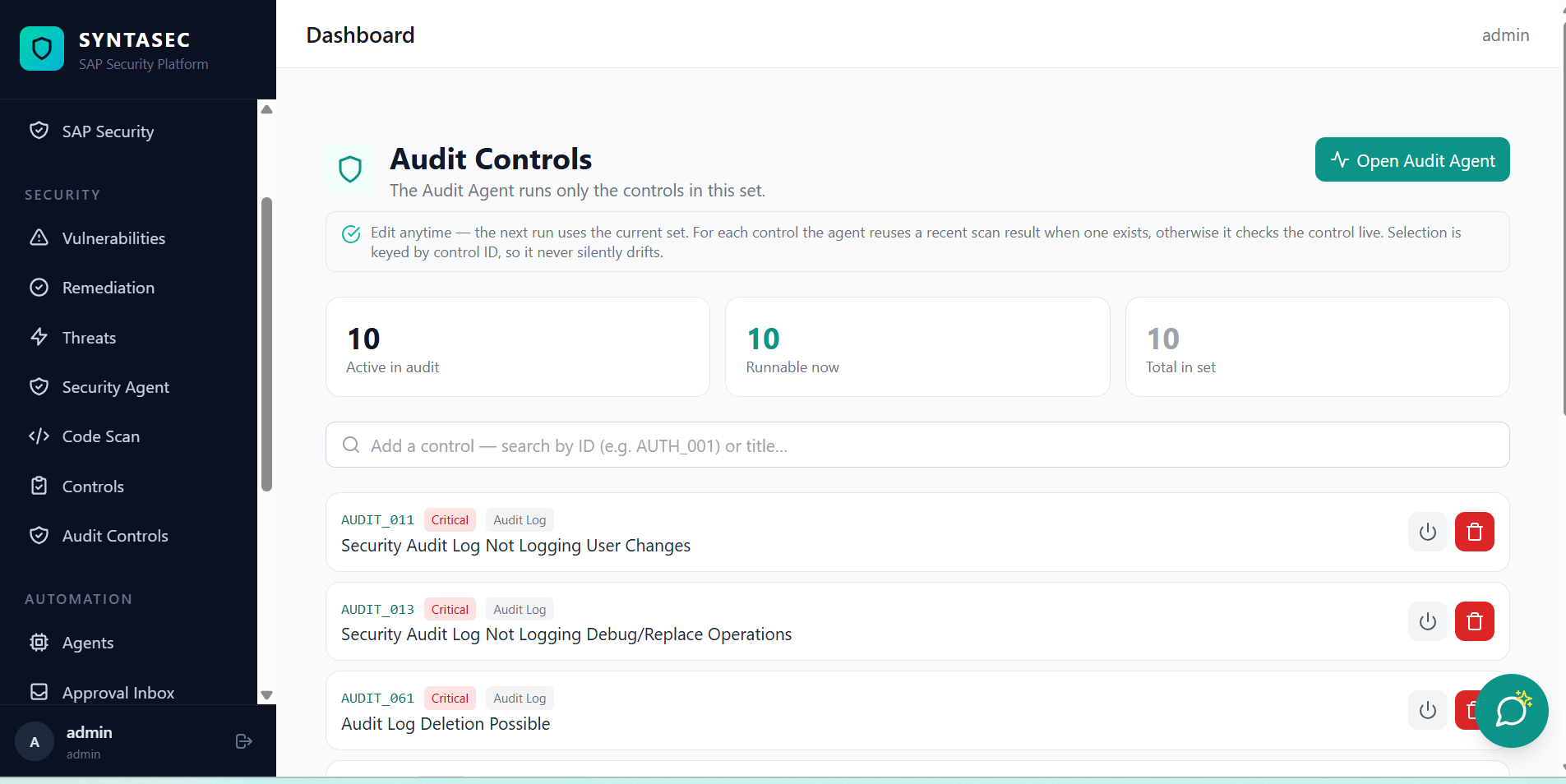 Audit run screen showing a phase-by-phase timeline, findings grouped by control area and a downloadable evidence pack.