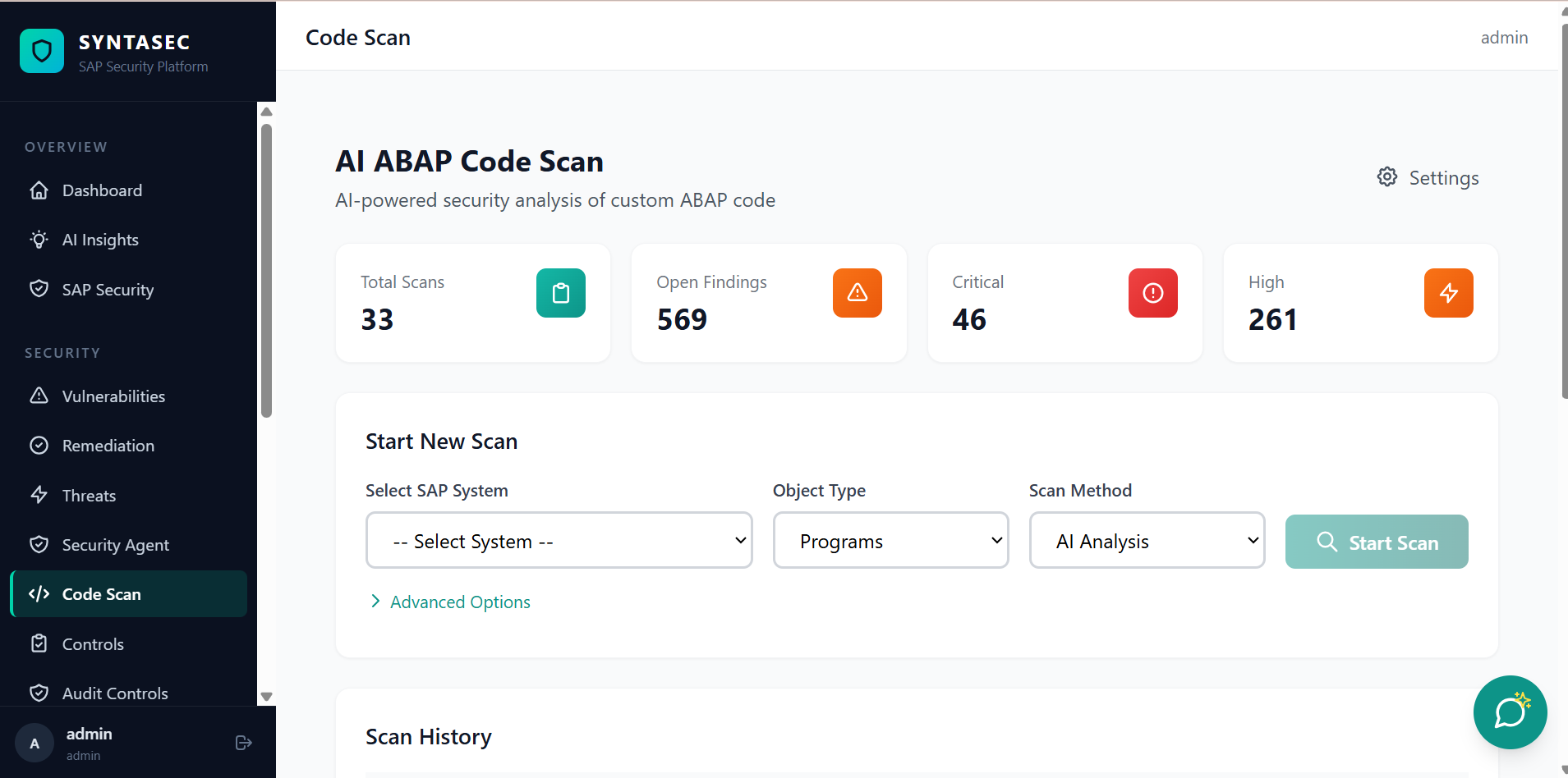 ABAP code scan findings list showing program names, line numbers, defect classes and severity.