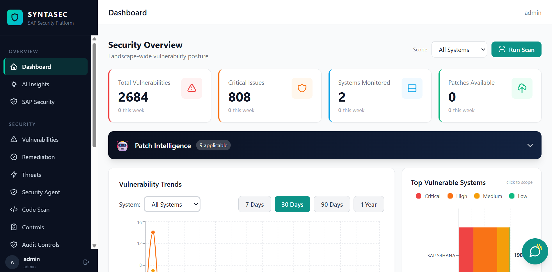 Security posture dashboard showing open findings by severity, connected systems with last assessment dates and a trend chart.