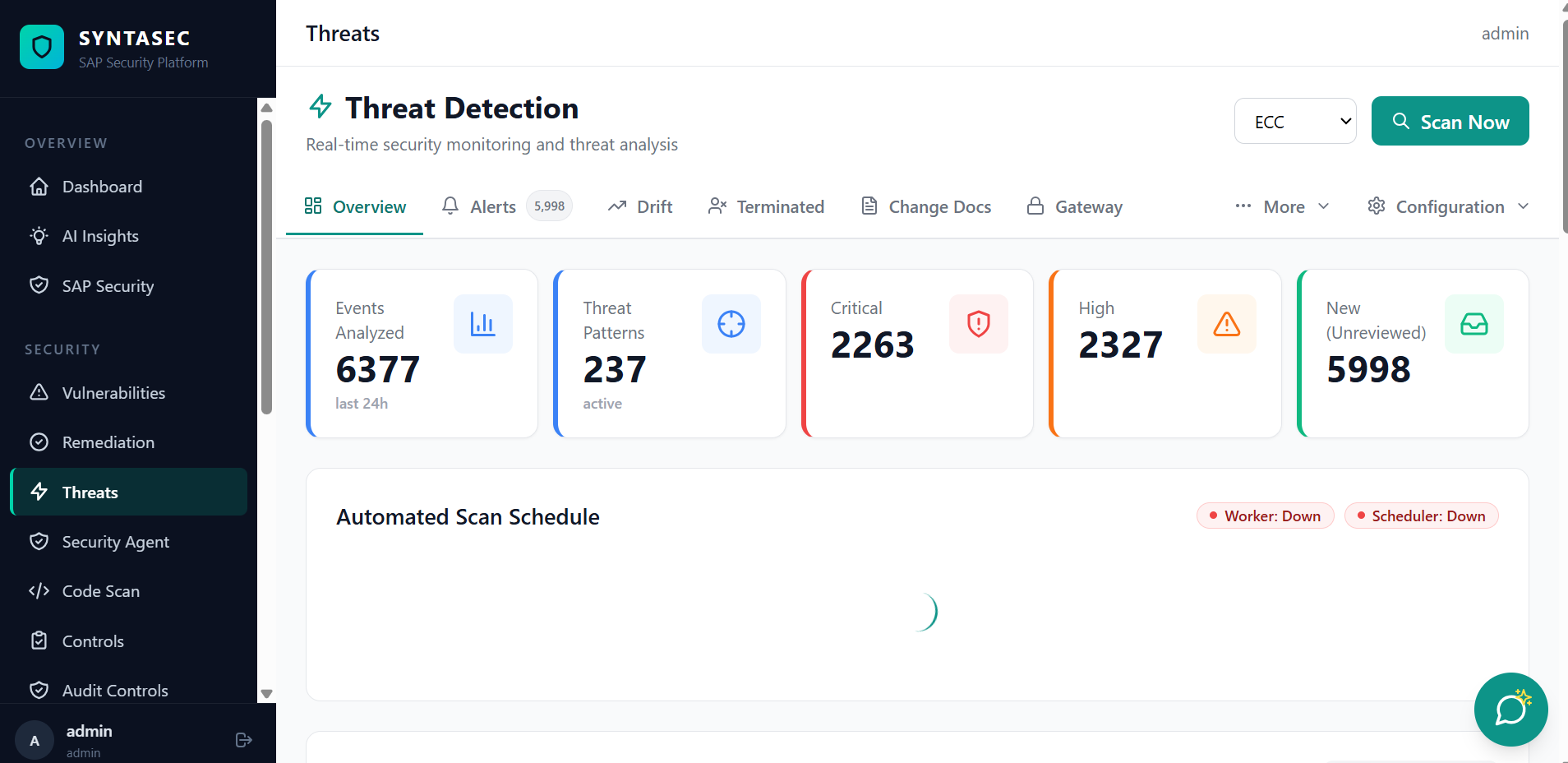 Threat detection overview showing events analyzed in the last 24 hours, active threat patterns, and counts of critical, high and new unreviewed alerts.