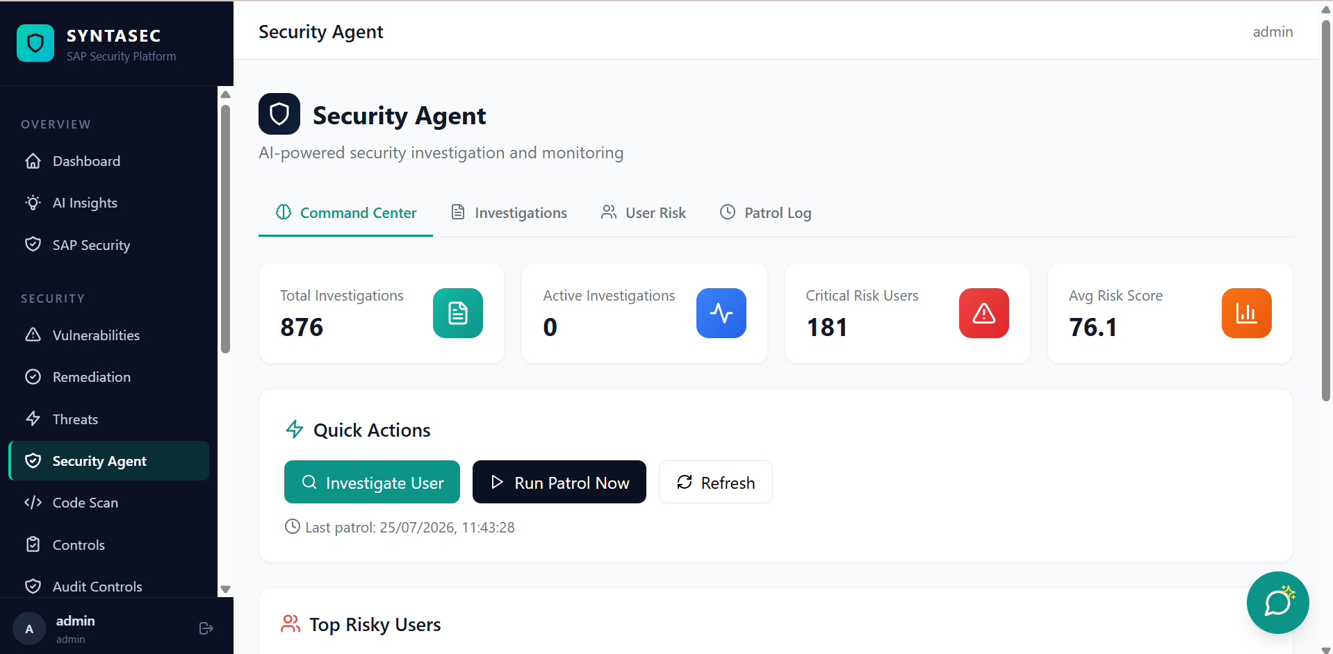 Security Agent command center showing total and active investigations, critical risk user count, average risk score, and quick actions to investigate a user or run a patrol.